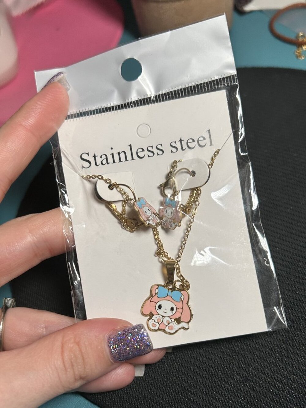 My Melody Enamel Pendant Necklace & Earrings Set - Gold Tone Stainless Steel